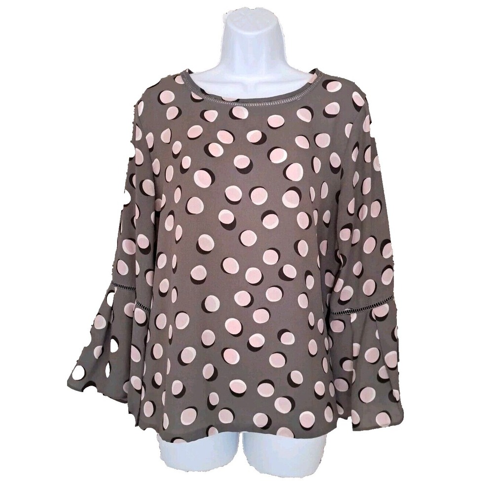 Ann Taylor LOFT‎ Top LP Gray Pink Dots Ruffle Bell Sleeve Round Neck Pullover